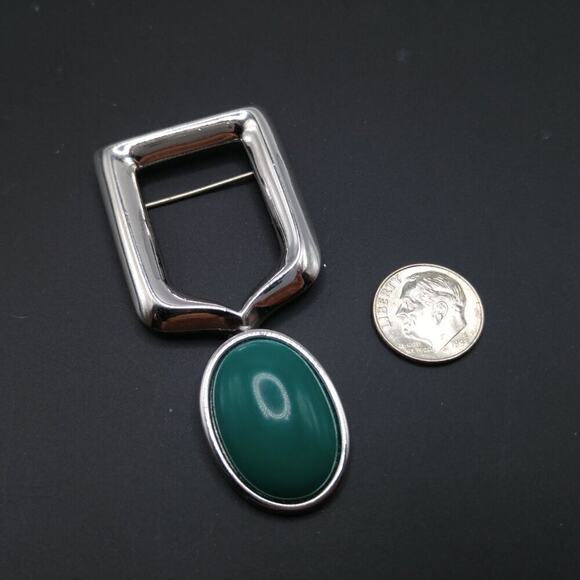 Vintage Monet Green Lucite Dangle Brooch, Silver Tone, 2 3/4 Inches - Picture 6 of 6